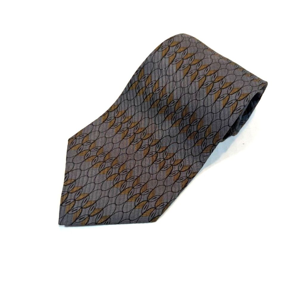 Bill Blass Vintage Mens Silk Tie Gray Gold Geometric 4" Wide Classic Preppy